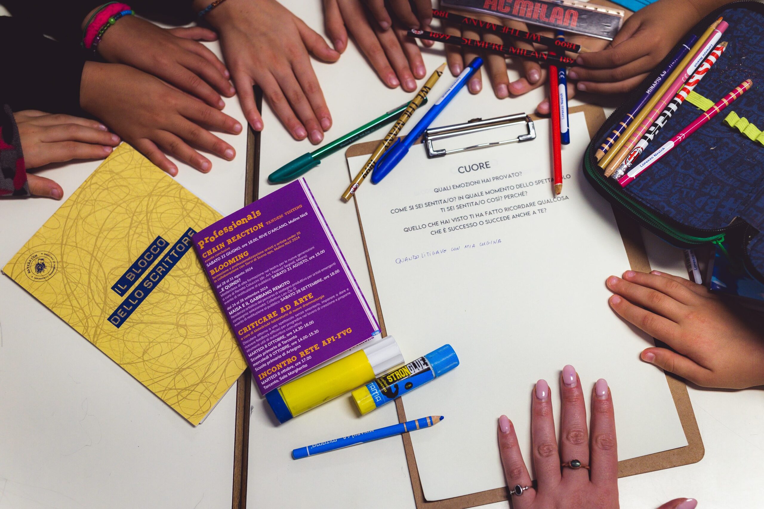 le mani dei bambini riunite in cerchio davanti al foglio bianco con su scritte le domande